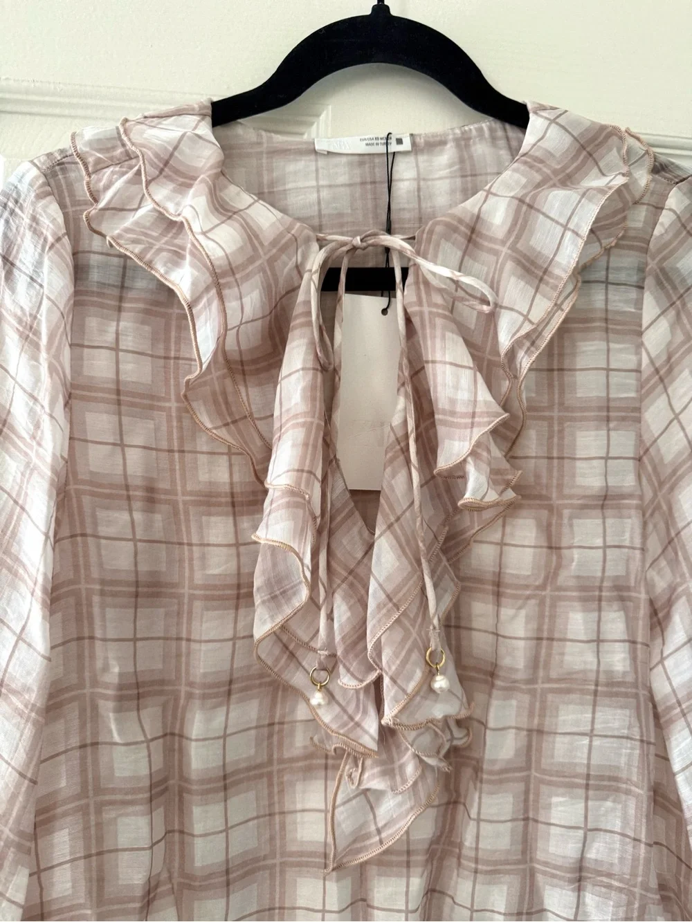 BNWT Zara Muted Pink Plaid Ruffle Blouse